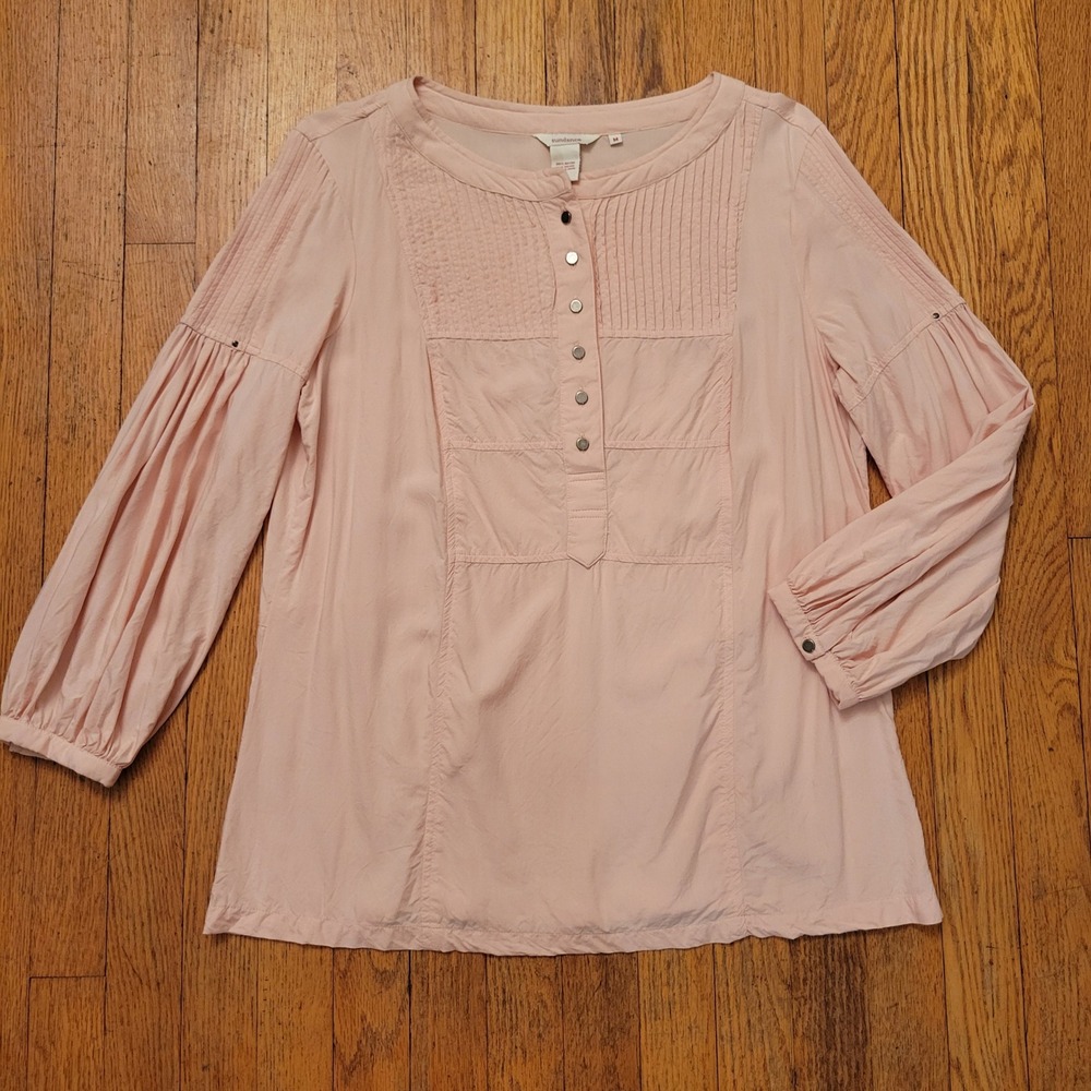 Sundance M Blouse Pink Pintuck Pleat Bishop Sleeve Boho Henley Top Cottage Chic